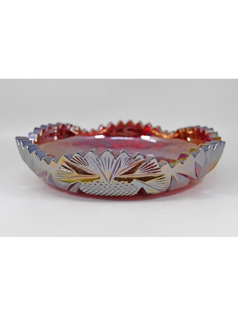LE Smith Ruby Red Carnival Glass Fruit Bowl Pinwheel Comet Sawtooth Fan VTG 8"